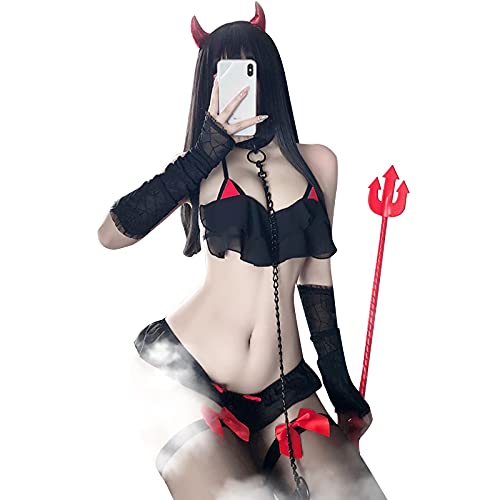 YOMORIO Anime Lingerie Cute Cat Sexy Devil Cosplay Costume Chiffon Bra and Panty Set (Sexy Black)