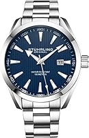 Stuhrling Original Mens Watch Analog Dial with Date - Calfskin Leather Strap or Stainless Steel Bracelet, 3953 Watches for Men Collection (Stainless Steel/Blue)