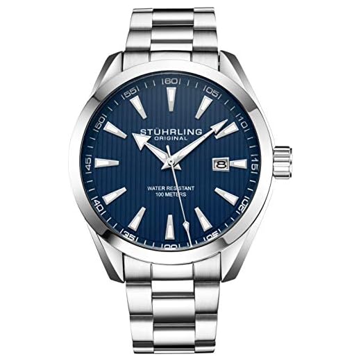 Stuhrling Original Relógio social masculino com mostrador analógico e pulseira de couro de bezerro, Aço inoxidável/azul, Relógio analógico, movimento de quartzo