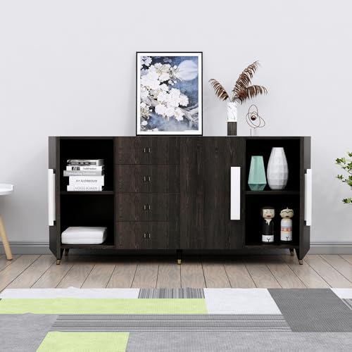 Image of Bniture Storage Cabinet Wooden for Living Room Sideboard with 4 Drawer and 3 Door | Multipurpose Storage Organizer Chest of Drawer Cabinet for Home Hallway Drawing Room Bedroom Kitchen | Flower Wenge