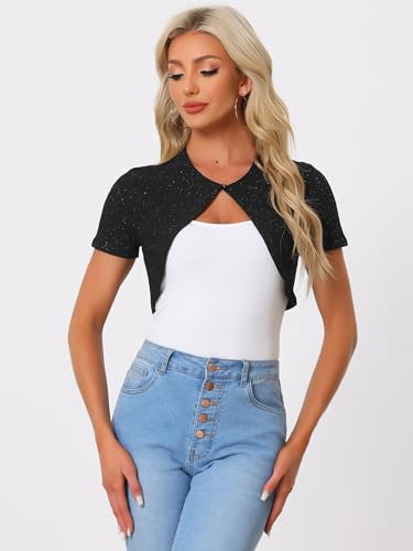 Image of Allegra K Women's Cropped Cardigan Knitted Metallic Bolero Shrug X-Large Black