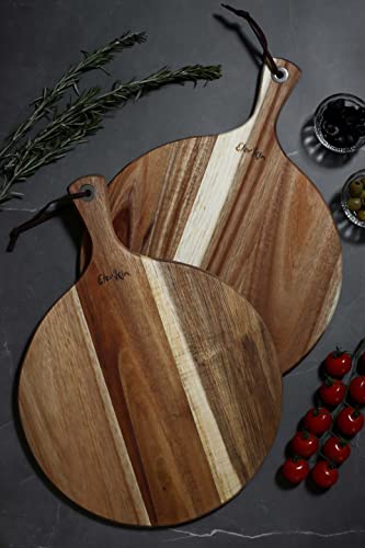 Elevkin Round Cutting Board, Acacia Wood Cutting Board For Kitchen, Charcuterie Boards And Cheese Serving Platter For Meat, Bread And Crackers, Deviled Egg Plates & Pizza Peel For Party, 12 X 16 Inch #TOP4