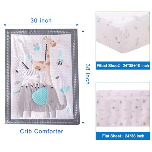 Wowelife Mini Crib Bedding Set Grey, 3 Piece Elephant, Giraffe, Zebra Breathable Polyester Crib Bedding Set with Comforter, Fitted Sheet and Skirt for Mini Crib - Image 4