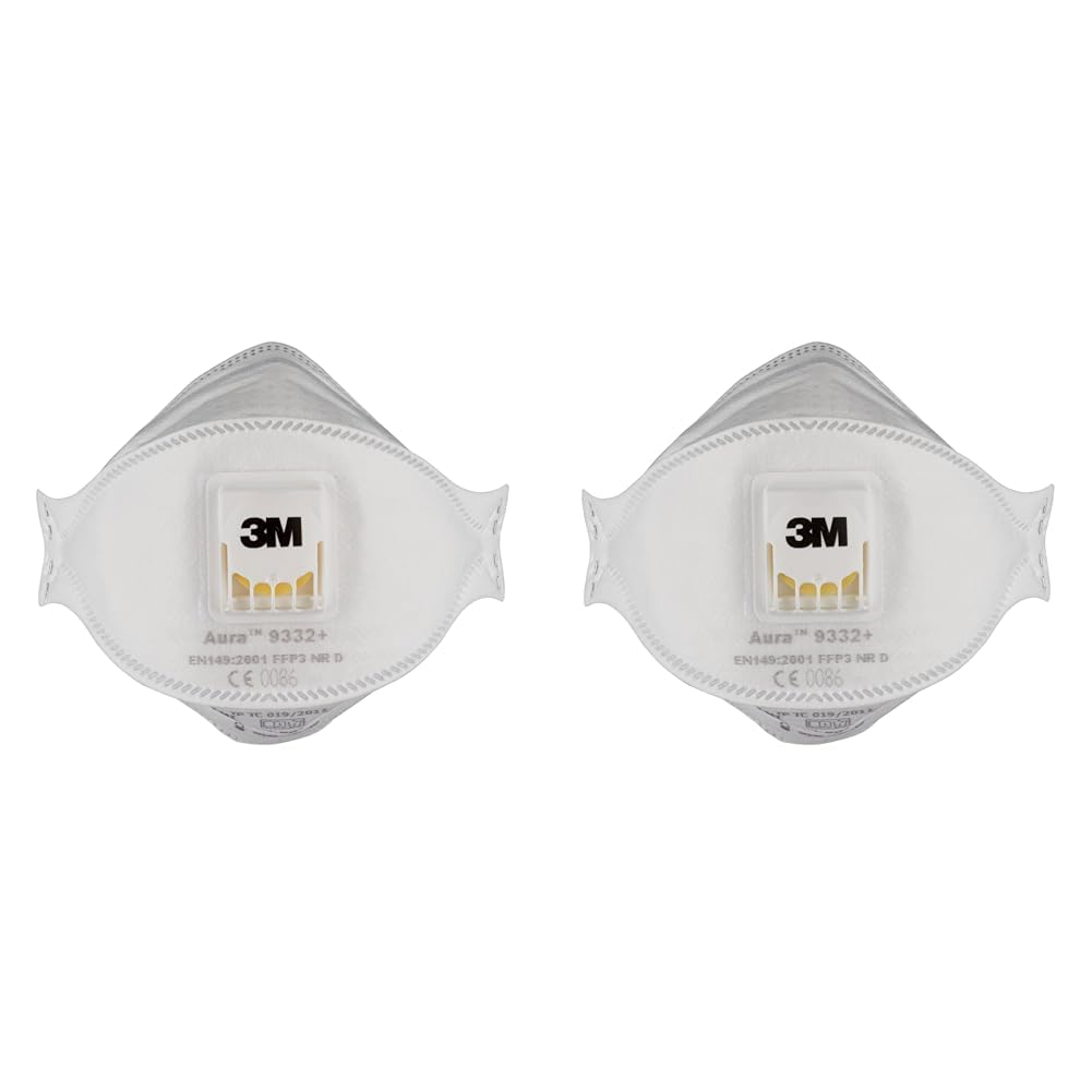 3M Aura Maske für Dämmstoffe und Hartholz 9332+, FFP3, mit Ventil, 10 pro Packung (Packung mit 2)