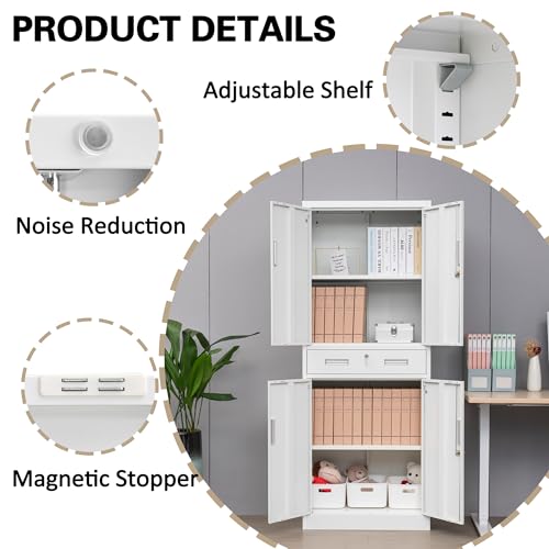 Metal Storage with 1 Drawer, 71" Cabinet with 4 Locking Doors and 2 Adjustable Shelves, Steel Storage File Cabinet for Pantry, Kitchen, Office, Garage (White)