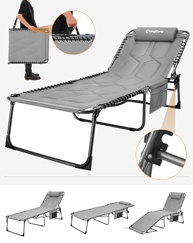 KingCamp Oversize Padded Sun Lounger Garden 5-Position Adjustable Backrest 78.7x26.7in Folding Sun Loungers for Heavy People Sun Bed with Pillow Lounge Chair for Camping Patio Pool Indoor Outdoor