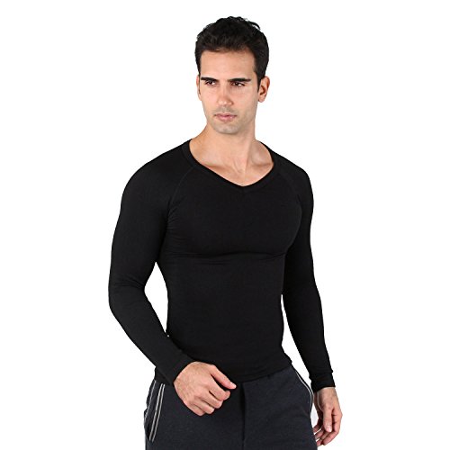 H:oter Mens Nylon Light Compression V-Neck Long Sleeves T-shirt, Black - L