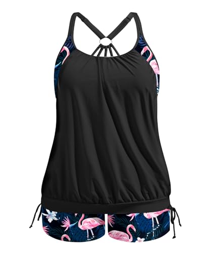 Image of Holipick Plus Size Tankini Swimsuits for Women Two Piece Tummy Control Bathing Suit Blouson Tankini Top with Shorts