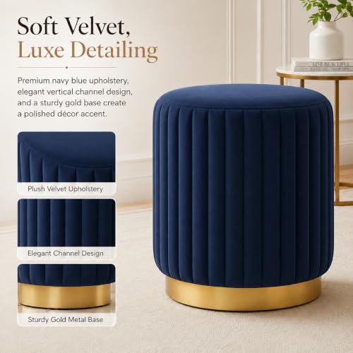Image of Designer Velvet Round Footstool Ottoman with Sturdy Gold Metal Band Base for Home Decor & Extra Seating, Lightweight Pouf Stool for Sofa Side & Bedroom, 16x16x17 Inch (Royal Blue)