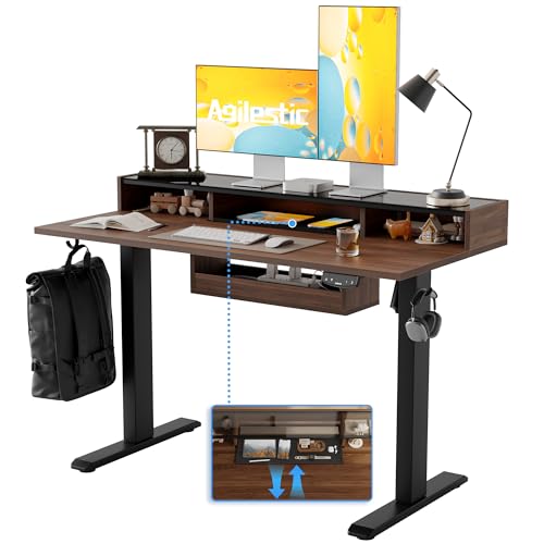 Image of Agilestic Glass Standing Desk with Storage, 48 Inch Electric Adjustable Desk with Glass Shelf and Cable Management, Sit Stand Up Home Office Computer Table, Splice Board, Dark Walnut