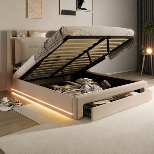 Letto Matrimoniale con Contenitore 160x200 cm con LED e cassetti,