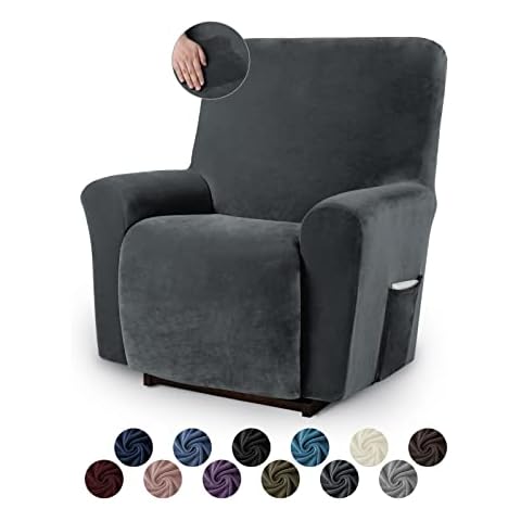Asnomy Recliner Chair Covers Lazy Boy Recliner Covers with Pockets Stretch Velvet Couch Cover Slipcovers 1-Piece Furniture Protector for Dogs Cats(Recliner,Dark Grey) Cover