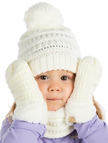 Image of Funky Junque Kids Matching Neck Warmer Scarf Soft Fuzzy Cuff Gloves Mittens Ribbed Knit Pom Pom Beanie Bundle Boy Girl
