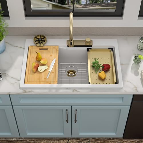 Fulorni 33"x22" Waterfall Kitchen Sink Workstation - White Granite Composite Quartz Classic Drop In Topmount Single Bowl Multifunction Smart Waterfall Sink with Faucet Combo & Glass Rinser