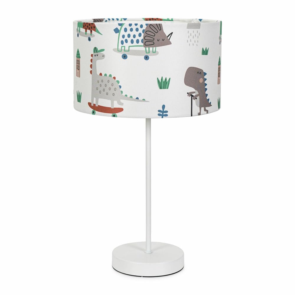 ValueLights | White Metal Single Stem Table Lamp with Kids Cartoon Dino Drum Lampshade for Bedroom | Table Lamps, Home Décor & Improvement Essential