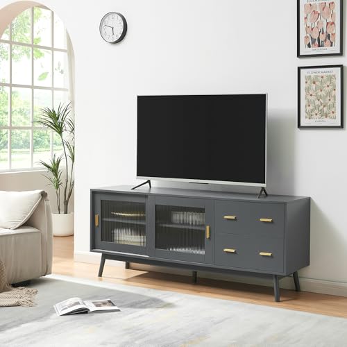 [en.casa] Meuble TV Élégant avec 2 Tiroirs 2 Portes Coulissantes Buffet Vaisselier Armoire Basse Rangement pour Salon Chambre MDF Verre Strié Bois de Pin...