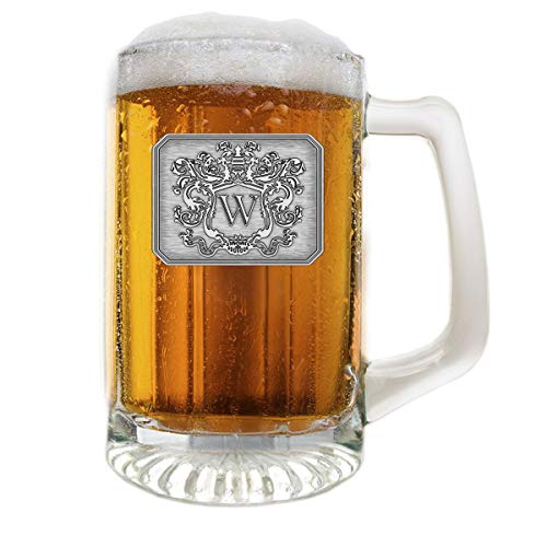 Glass Beer Mug Stein Hand Crafted Monogram Initial Pewter Engraved Large Crest with Letter W by Fine Occasion (W, 25 oz)