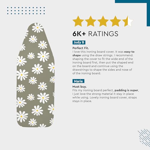 Image of Encasa XO Ironing Board Cover with 3mm Thick Felt Pad for Steam Press (Fits Standard X-Large Boards of 135x45 cm) Heat Reflective, Scorch & Stain Resistant, Printed - Daisy Grey