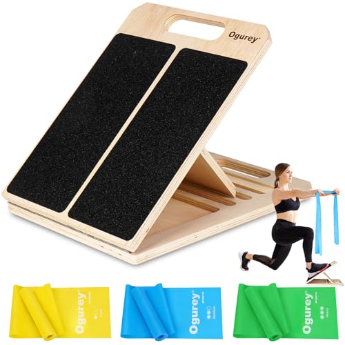 4 Pieces Slant Board with Exercise Bands Premium Calf Stretch Board Portable Adjustable Slant Board for Calf Stretching 350LB Weight Capacity Calf Ankle Achilles Physical Therapy Leg Exercisers