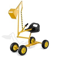 COSTWAY Kids Sand Digger, Sit on Excavator Toy with 4 Wheels, 2-Handed Controls, Flexible Shovel, 360° Rotatable Seat, Outdoor Construction Excavator for 3+ Years Old (Yellow+Black, 123x40x66cm)