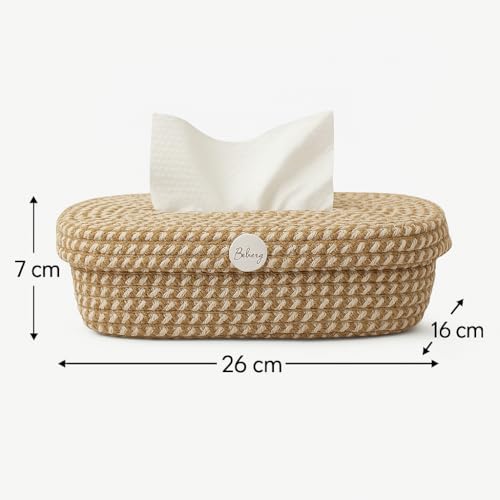 Image of BOBBINY Jute Cotton Tissue Box Holder, Handcrafted Tissue Container for 100 Pulls Natural Tissue Holder for Office Living Bedroom Car Desk Dining Table Home Decor (Brown Mix) (Design 3)