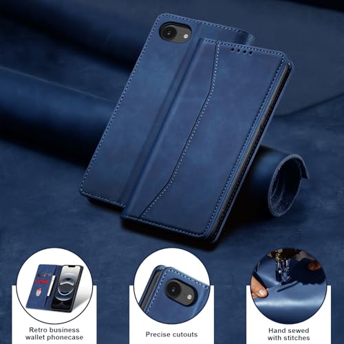 Image of Jasonyu Flip Wallet Case for iPhone 16E,Leather Magnetic Folio Cover with Card Holder,Kickstand - TPU Shockproof Durable Protective Phone Case,Blue