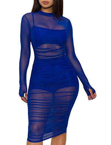 Image of Lrady Women Sexy Bodycon Dresses See-Through Sheer Mesh Ruched Bodycon Party Club Night Dress 3 Piece Outfits with Vest Shorts, Blue, XX-Large