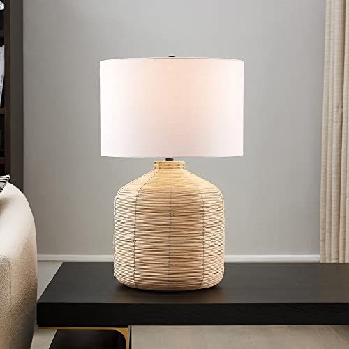 Henn&Hart 27" Tall Oversized/Rattan Table Lamp With Fabric Shade In Natural Rattan/Brass/White, Lamp, Desk Lamp For Home Or Office #TOP1