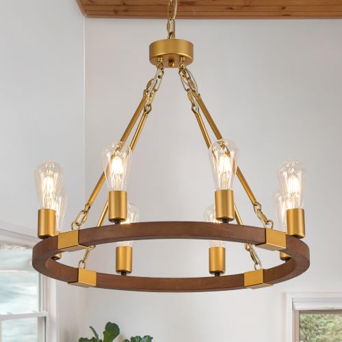 Image of Gold Wooden Wagon Wheel Chandelier 8-Light 23.6 inch Light Fixture