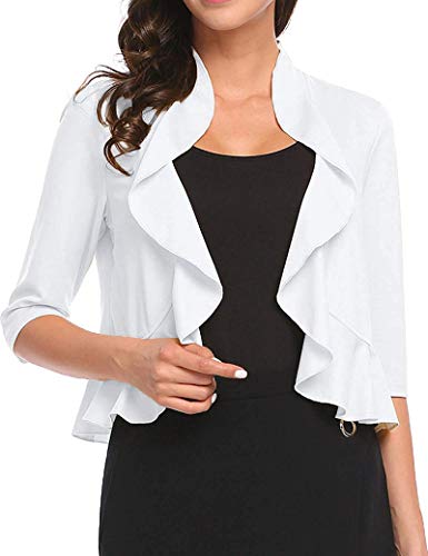 Women's Open Front Cropped Cardigan 3/4 Sleeve Casual Shrugs Jacket Draped Ruffles Lightweight Sweaters (White, Large)