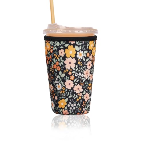 Image of Reusable Insulated Sleeve for Iced Coffee Cup, Coffee Neoprene Sleeve for Cold & Hot Drinks, Beverage Holder for Iced Coffee (Midnight Daisies, Medium: 22-24oz)