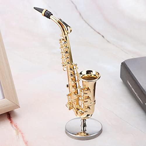Miniatur Altsaxophon Replik mit Ständer und Gehäuse Vergoldetes Instrument Modell Ornamente Erstklassiges Mini-Musikinstrument Modell Golden Plated Musical Ornaments