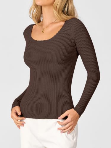 ANRABESS Women’s Long Sleeve Scalloped Scoop Neck Sweater,Chocola,L — view 5