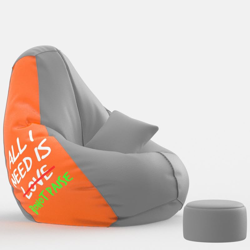 Image of Biggie Bean Bag with Beans Filled 4XL Evergreen Classics Bean Bag-Loud Prints-Soft Landings-Styled with Free Cushion & Footrest (Matching Color : Printed All I Need is bohot Paise - Orange)