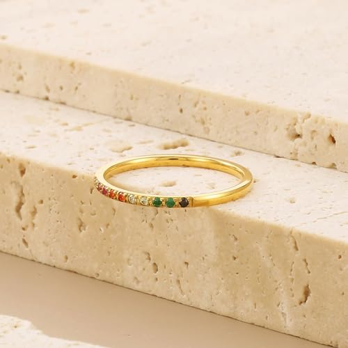 OIDIMS Colorful Crystal Stacking Ring Wedding Band for Women Eternity Rainbow 18K Gold Plated Cubic Zirconia Engagement Knuckle Midi Stackable Thin Ring Pinky Band Comfort Fit Delicate Gift (8) - Thumbnail 4