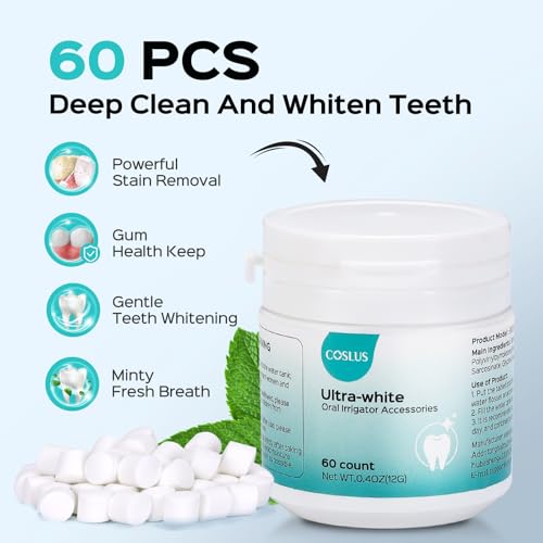 Image of COSLUS Whitening Water Flosser Replacement Tips with 60 Pcs Mint Refills | Compatible with C20 (F5020E) & E40 (WFP14) Portable Water Flossers - Improve Stains Gently& Fresh Breath for Daily Oral Care