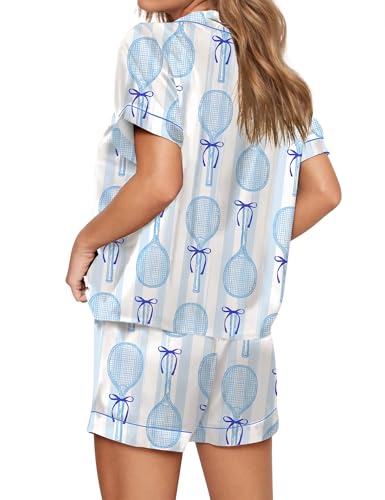 Image of SHESHOW Pajamas for Women Set Satin Button Down Short Sleeve Top and Shorts Pjs Sets Sport Ball Print Sleepwear XS-XXL