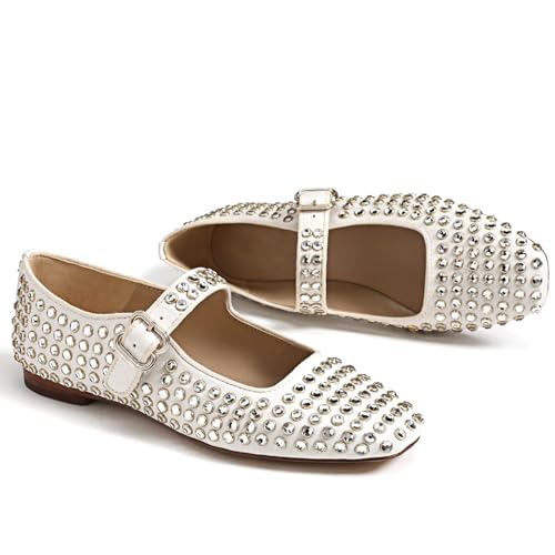Rhinestone Flats for Women Studded Ballet Flats Sparkly Square Toe Buckle Strap Ballerina Mary Jane Shoes3