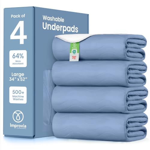 Image of IMPROVIA Washable Underpads, Heavy Absorbency Reusable Incontinence Pads for Kids, Adults, Elderly, and Pets, Waterproof Protection Floor (Blue, 34 inchx52 inch (Pack of 4))