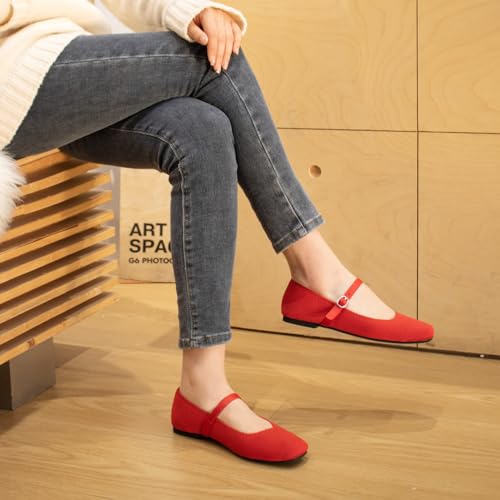 Image of Soesyi Knit Flats for Women Square Toe Flats Casual Ballet Flats with Ankle Strap,Mary Jane Shoes Women Comfortable for Dressy Office