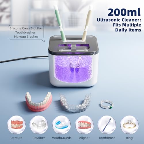 Image of Ultrasonic Retainer Cleaner Machine, Denture Cleaner for Aligners Night Guards Braces Mouth Guards Toothbrush Heads,All-in-One Dental & Jewelry Cleaner, 45kHz 200ML, Dual Modes