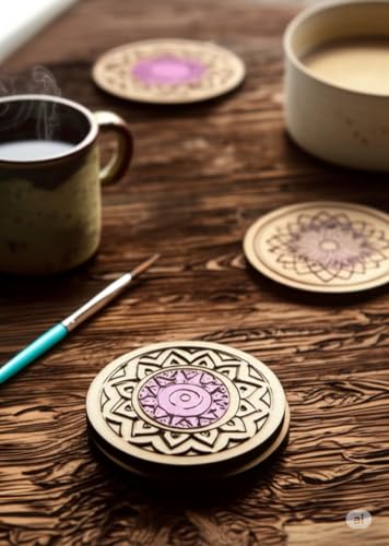 Image of DIY Mandala Art Wooden Coaster Set - Pack of 6 with Stand | Size- 4 inch | Pre-Marked for Painting | Fun Craft Kit for Kids & Adults | Ideal for Art, Gifts & Home Decor (DIY Cost 002)