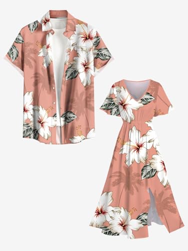 Image of Matchable Couple Hawaiian Sea Beach Starfish Turtle Shell Print Shirt or Plus Size Midi Split A Line Dress