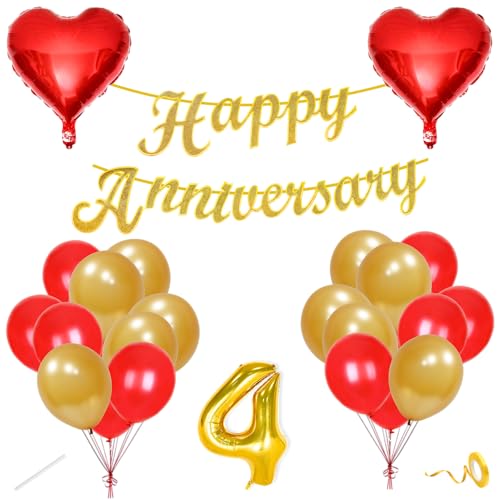 Image of Flyloons 4th Happy Anniversary Decoration Items Red Gold for Men Women Husband Wife Mom Dad Parent Couple Home Bedroom Car With 20 Pcs Metallic Balloons Anniversary Banner 2 Pcs Heart Set Kit