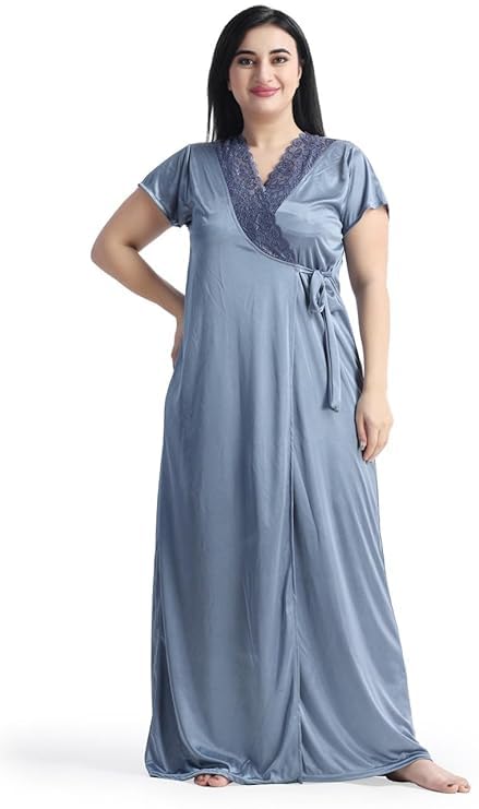 Image of Satin 6 Piece Nightwear Set, Coral Pink Lace Trim Sleepwear with Robe, Nighty, Top, Shorts, Lingerie Set for Women, Summer Collection-Mehndi Green.