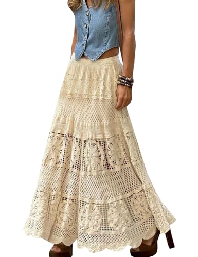 Women's Flowy Maxi Stretchy Boho Crochet Hollow Out Knit Flower Lace Skirt