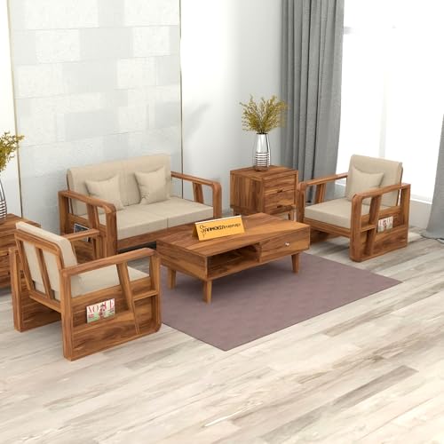 Image of KINGS HOME FURNITURE Sheesham Wooden 4 Seater Sofa for Living Room | Solid Wood Sofa with Side Newspaper Holder | Rosewood Sofa Set for Home & Office | Lounge (Honey Finish, 4 Seater)