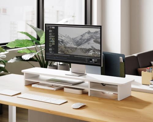 Image of Fenge Monitor Stand, Dual Monitor Riser, 42.5inch Large Desk Computer Monitor Stand Riser with Drawer, 2 Tier Wood & Acrylic Desktop Organizer for Computer, Laptop, Printer, TV Screen Riser
