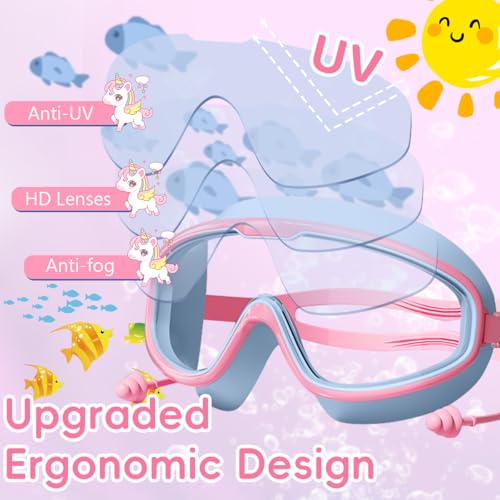 Image of PROBEROS Swimming Cap and Goggles Set for Kids, Anti Fog, Unicorn Pink | Clear Underwater Vision, Soft Silicone Cap, Flexible Seal, Adjustable Fit, Pool Practice, Beginner Friendly, Easy Rinse Care