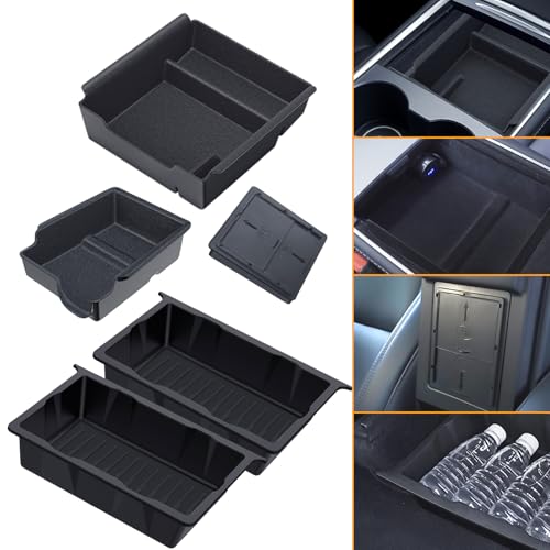BANKKY 5PCS Center Console Organizer Tray for Tesla Model Y 2024-2020(Not Fit 2024 2025 Model Y Juniper), Car Accessories with Armrest Storage Tray, Hidden Storage Box, Under Seat Storage Box